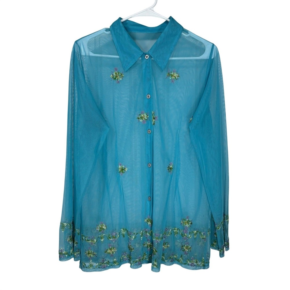 y2k Vintage Sheer Floral Blouse Blue Button Embroidered Cottage Boho LARGE